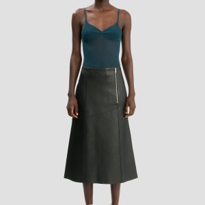 Panelled Leather Midi Skirt In Black