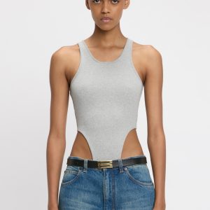 High Leg Bodysuit In Grey Marl