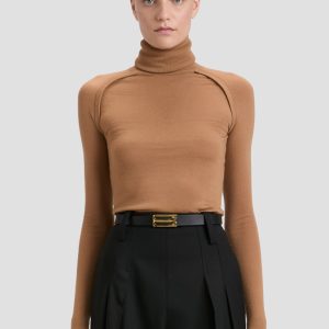High Neck Jumper In Dark Camel